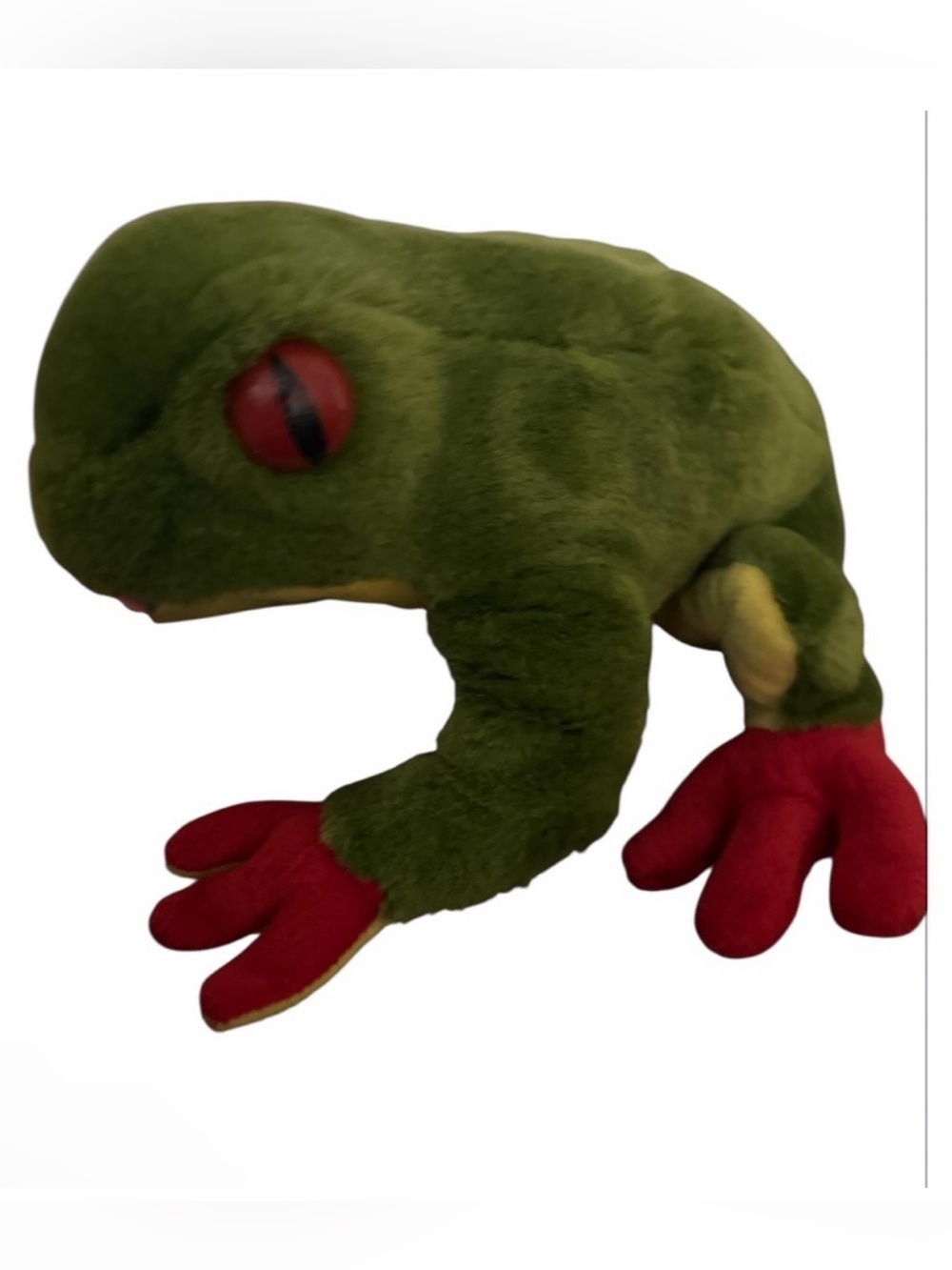 Green Plush Frog Toy with Red Feet and Eyes